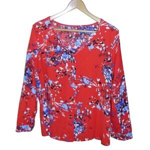 Red & Blue Floral Button-Down Round Neck 3/4 Sleeve Sheer Top S